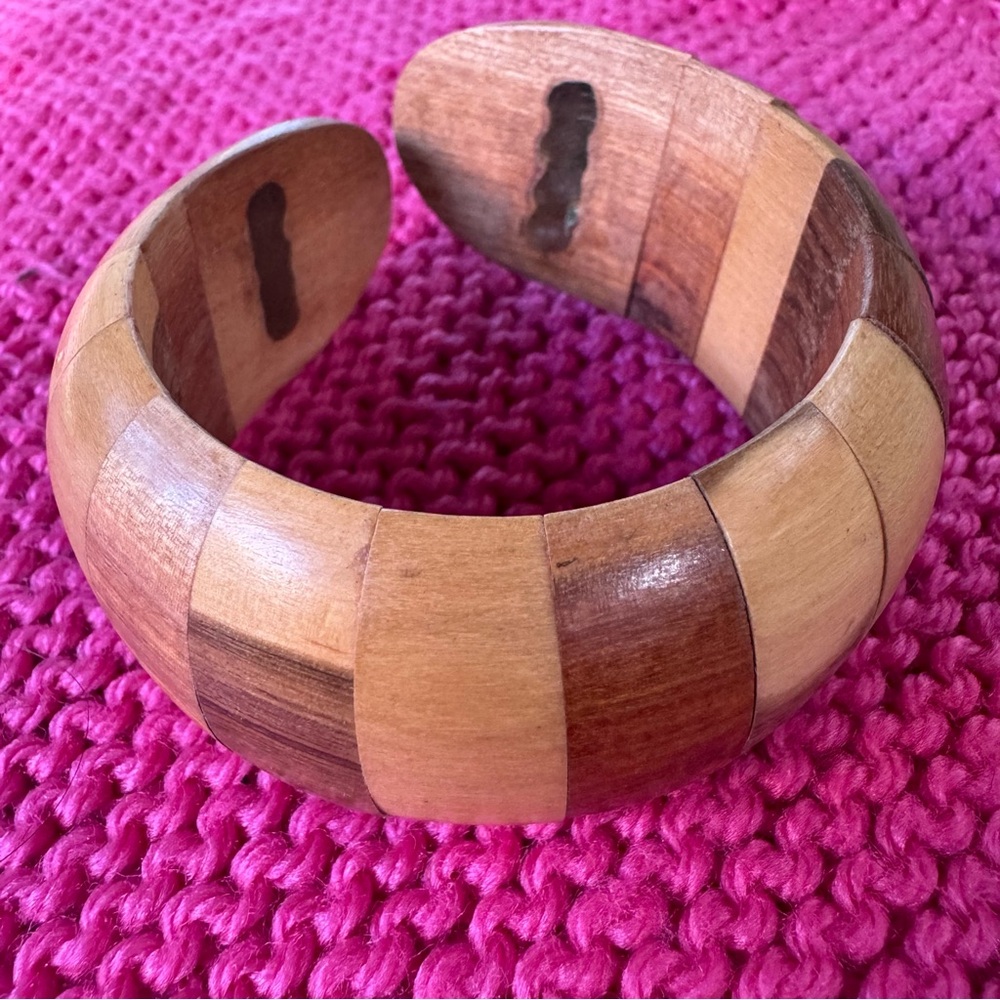 Vintage Wood Bangle Cuff Bracelet Flex opening Mixed Wood Tones